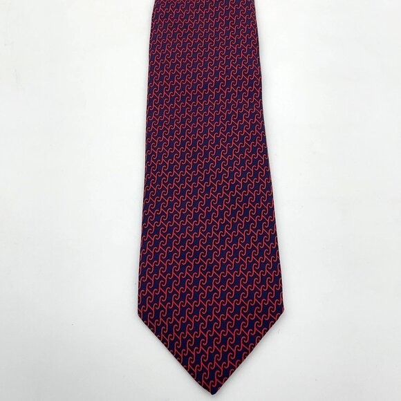 Hermes-Paris Hand Sewn Silk Twill Red & Blue Scroll 'H' Print Mens Tie - Picture 2 of 9